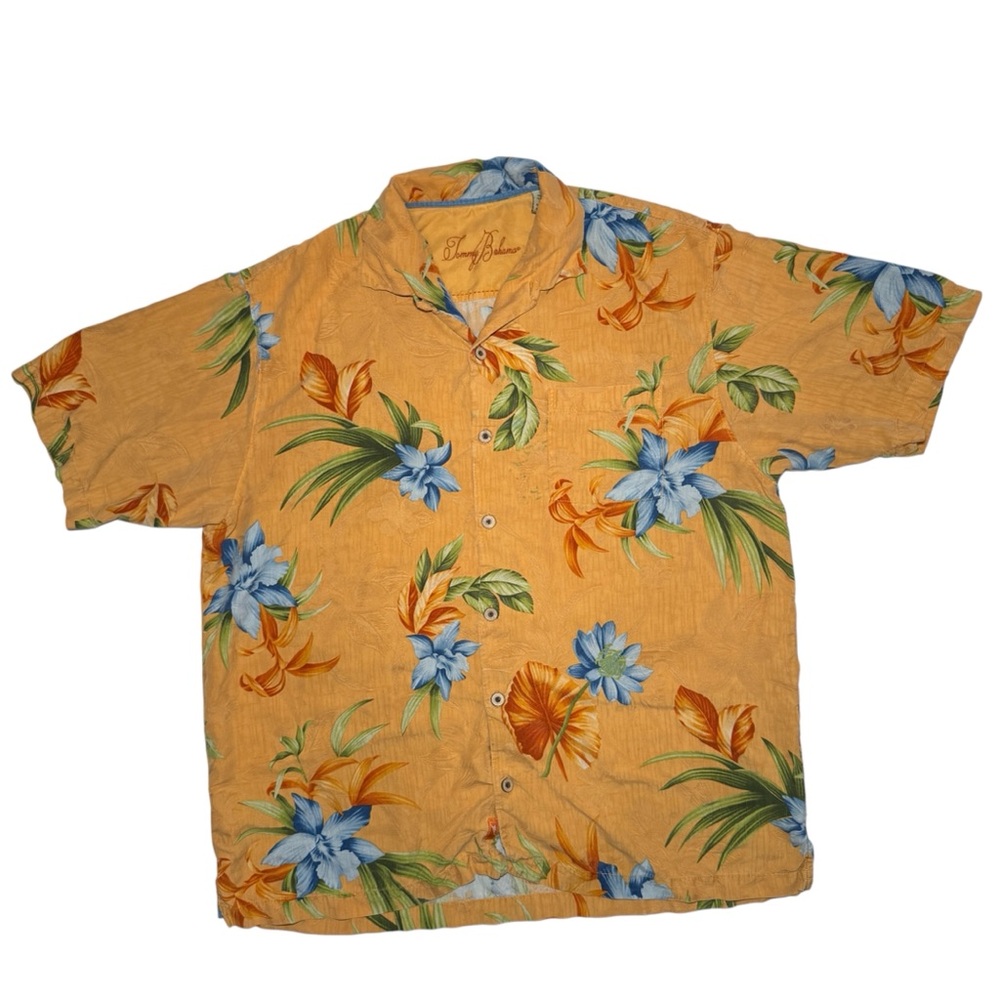 Tommy Bahama Silk Hawaiian Tropical Button Down Shirt Yellow Men's Size XL